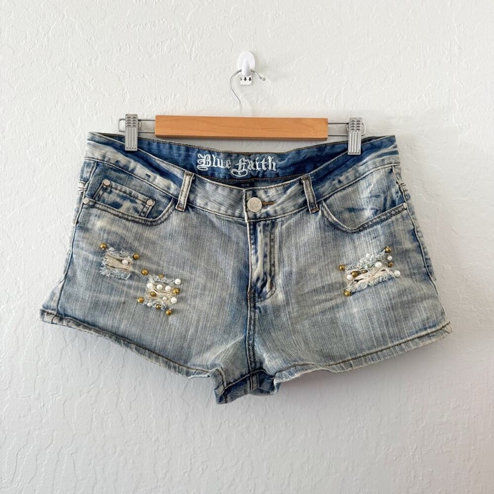 Blue Faith Embelished Distressed Denim Shorts Y2K